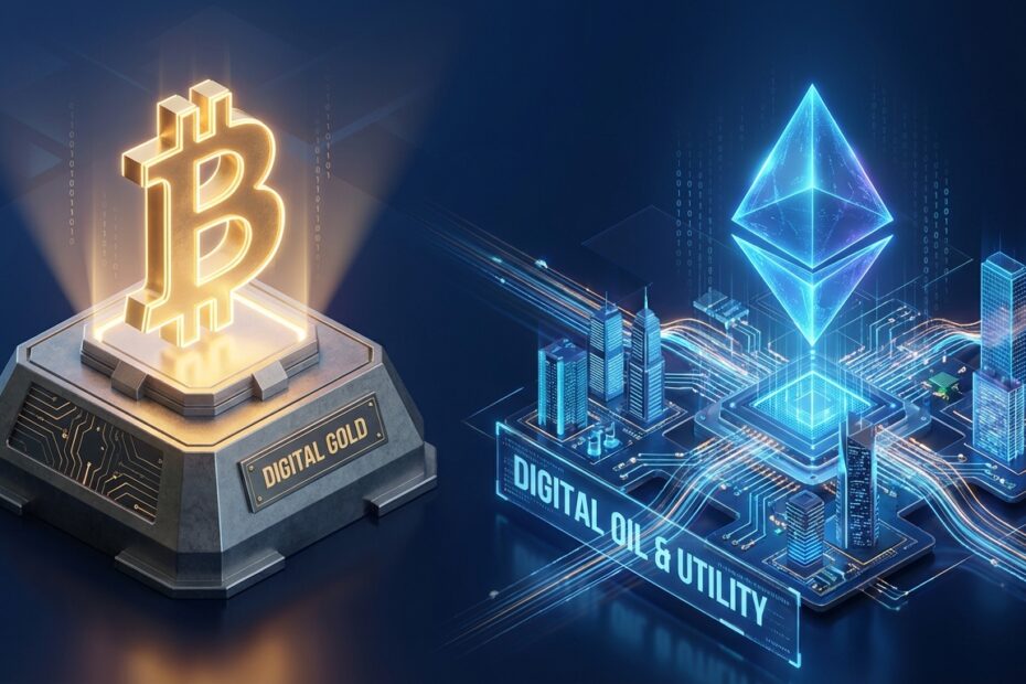 Ilustração 3D comparando o Bitcoin como ouro digital e o Ethereum como rede de utilidade programável