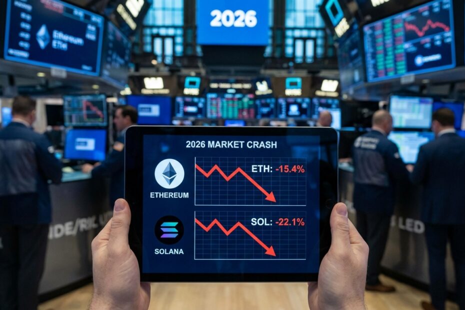 Gráficos de Ethereum e Solana em queda em tablet com fundo de mercado financeiro