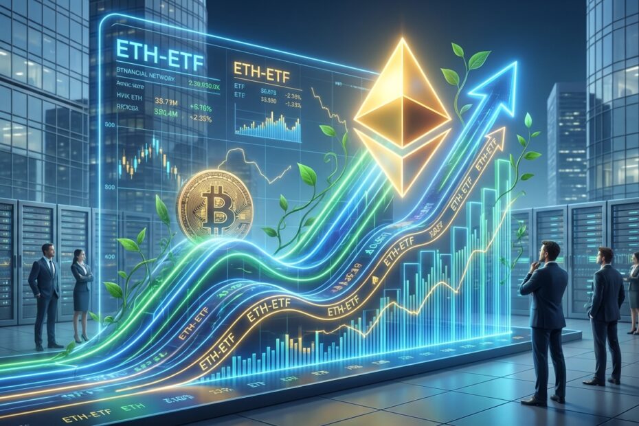 Gráfico financeiro comparativo mostrando o Ethereum superando o Bitcoin em métricas institucionais e ESG