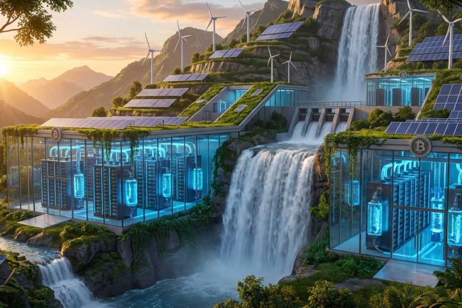 Instalação moderna de mineração de Bitcoin utilizando energia renovável e sistemas de resfriamento líquido