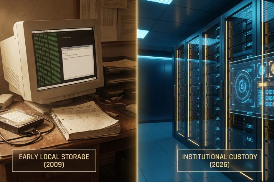 Evolução do armazenamento de Bitcoin desde computadores pessoais antigos até cofres digitais de alta segurança
