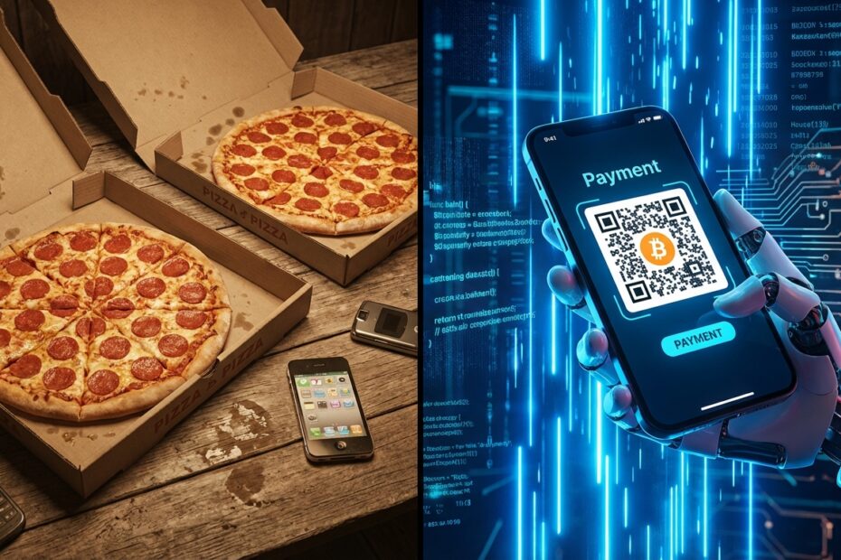 Contraste entre as pizzas originais de 2010 e pagamentos digitais futuristas com Bitcoin