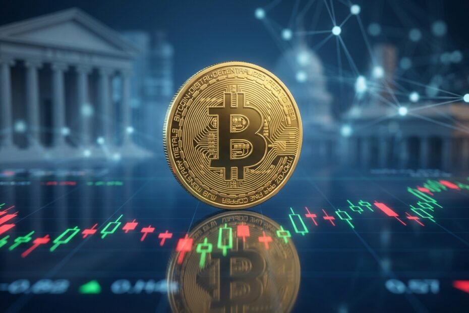 Moeda Bitcoin sobre gráficos de mercado financeiro refletindo a volatilidade e adoção institucional.