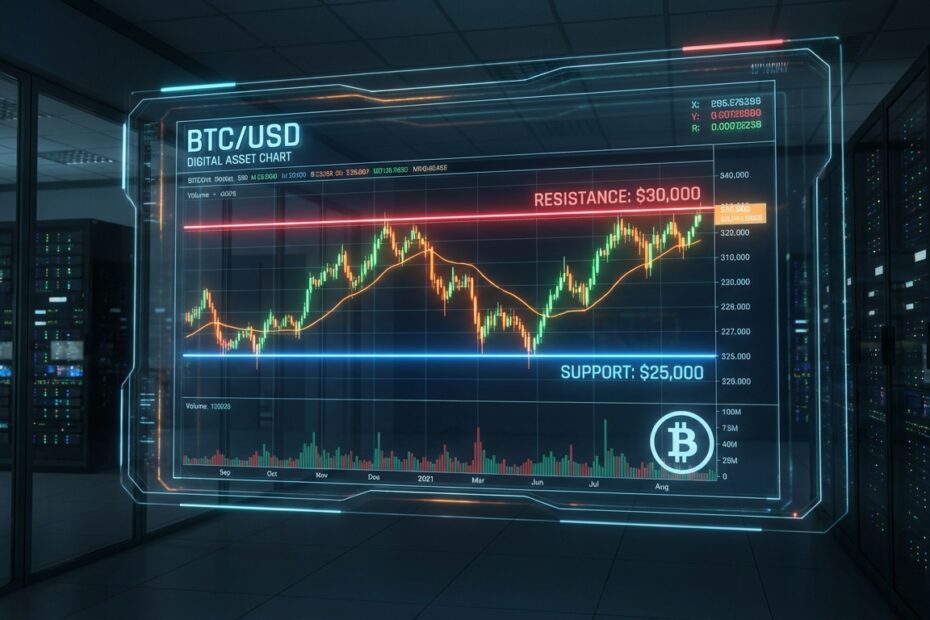 Gráfico digital de Bitcoin mostrando canal de range e indicadores de volatilidade em interface futurista