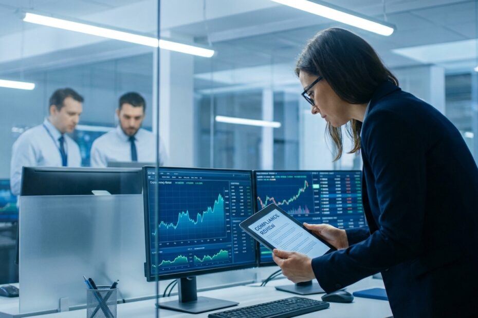 Profissional de compliance analisa dados em escritório com gráficos de criptomoedas ao fundo