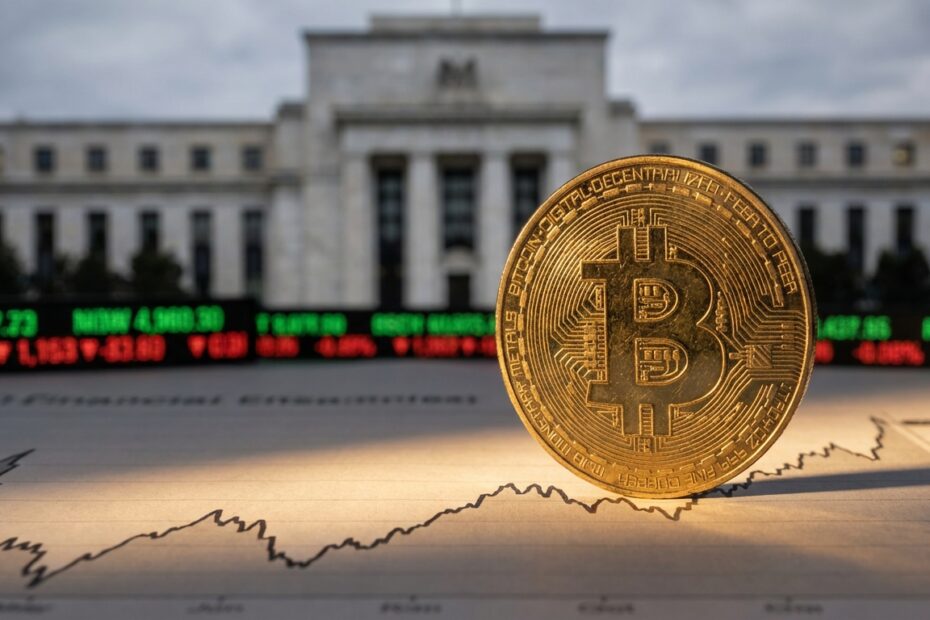 Moeda física do Bitcoin em equilíbrio sobre gráfico financeiro com fundo de Wall Street.