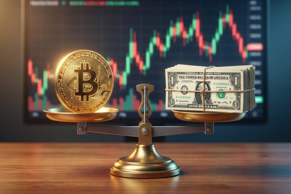 Balança equilibrando um Bitcoin dourado e títulos do tesouro americano com gráficos financeiros ao fundo.