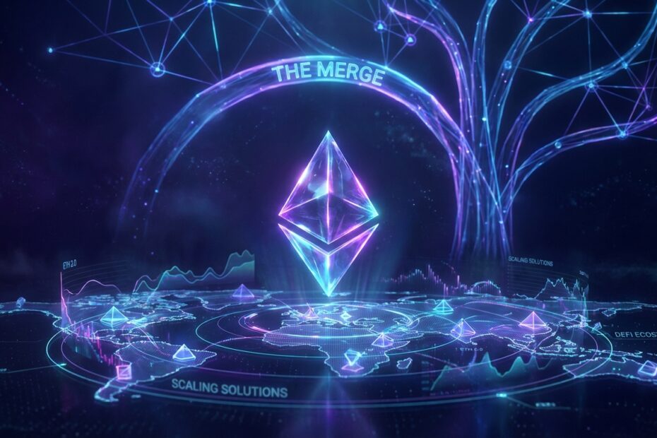 Ilustração 3D do logotipo do Ethereum sobre dados financeiros e redes de blockchain futuristas