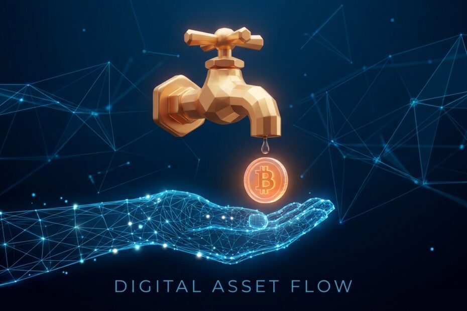 Ilustração 3D de uma torneira digital pingando uma moeda de bitcoin, representando o conceito de faucet de criptomoedas