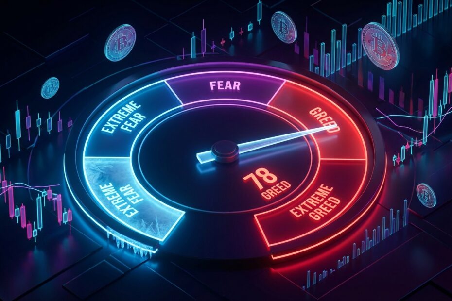 Ilustração do indicador Fear and Greed Index medindo o sentimento do mercado de Bitcoin
