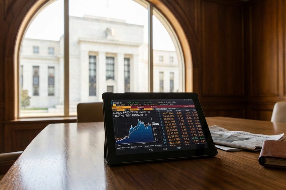 Tablet exibindo gráficos de mercado de predição com edifício do Federal Reserve ao fundo