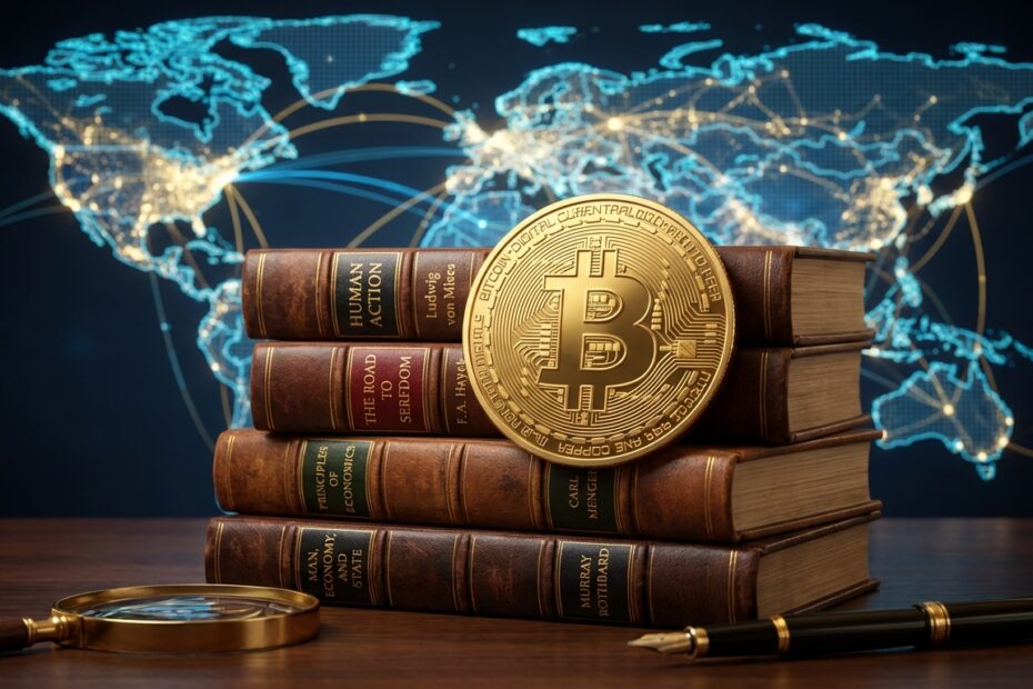Conceito visual do Bitcoin apoiado em livros de economia clássica simbolizando a visão de Fernando Ulrich