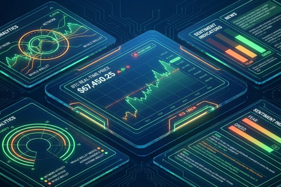 Painel digital exibindo gráficos de preço do Bitcoin e indicadores de análise técnica em tempo real