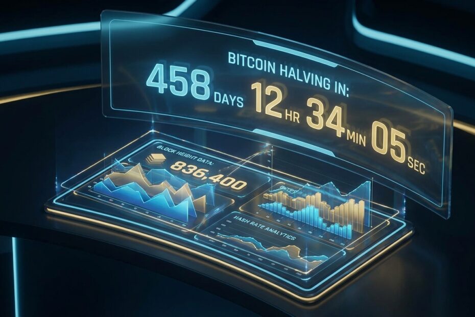 Painel digital exibindo métricas e a contagem regressiva do halving do Bitcoin
