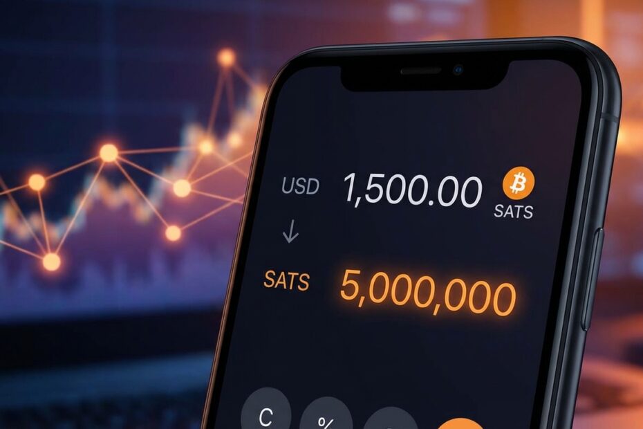 Interface de calculadora digital convertendo valores fiduciários em satoshis