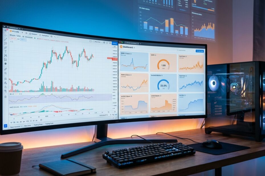 Monitor exibindo gráficos de preço do Bitcoin e ferramentas de análise on-chain gratuitas
