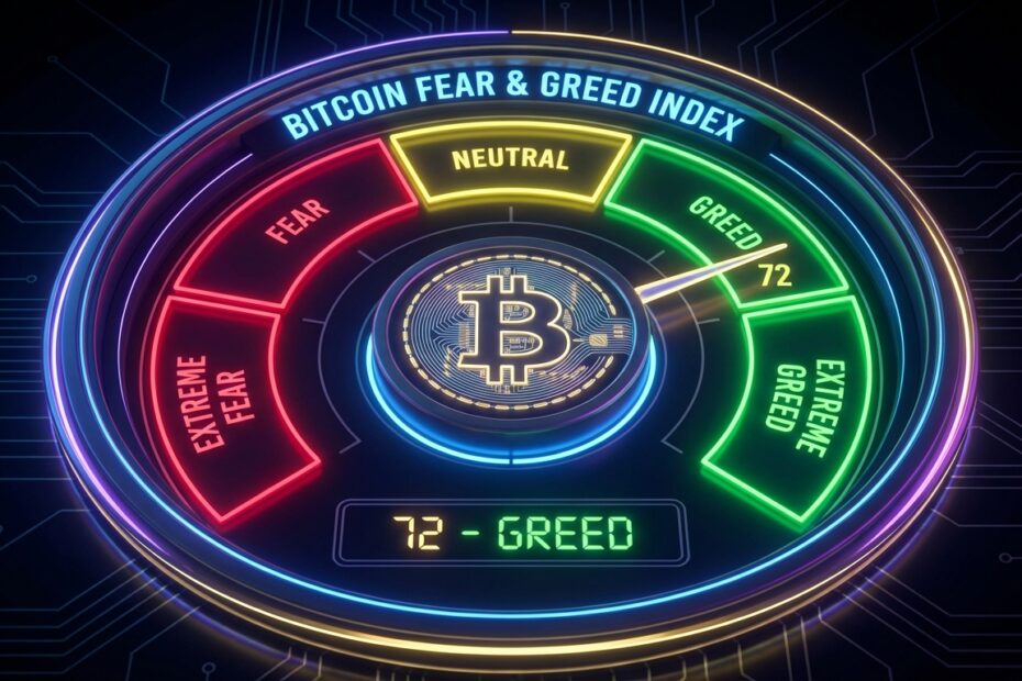 Gráfico ilustrativo do Índice de Medo e Ganância do Bitcoin com escala de cores