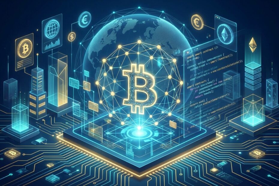 Ilustração 3D de uma rede de finanças descentralizadas conectando nós globais com um símbolo evoluído do Bitcoin