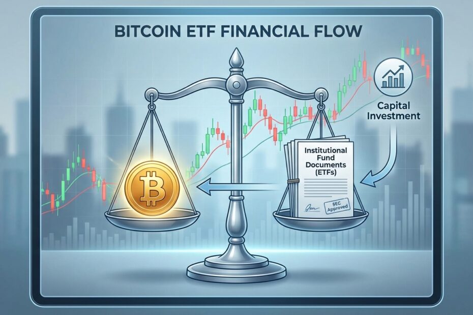 Balança equilibrando símbolo do Bitcoin e documentos de fundos de índice ETF com gráfico financeiro ao fundo