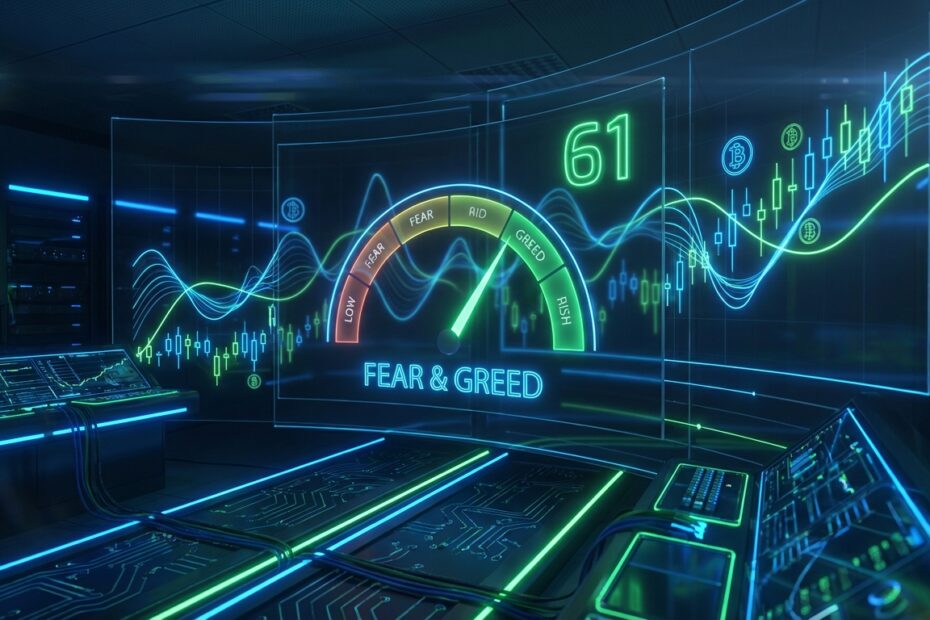 Painel digital exibindo o Índice Fear e Greed do Bitcoin na zona de Ganância