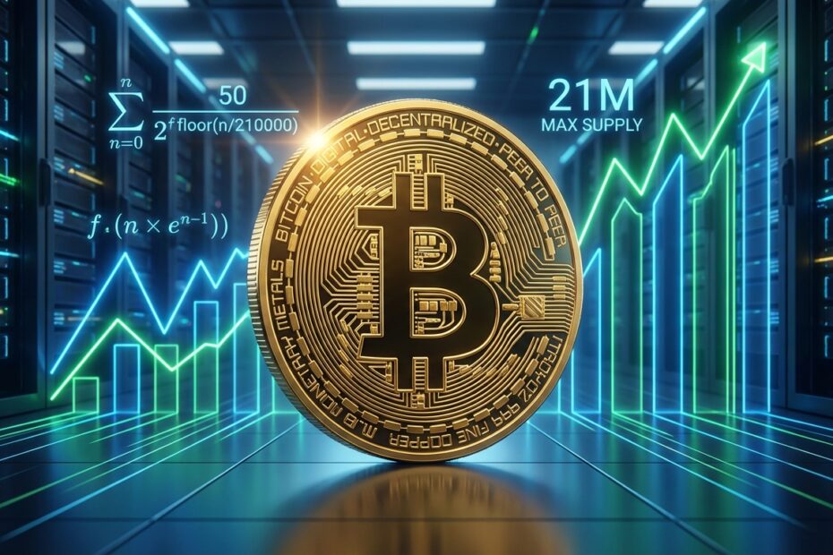 Ilustração de uma moeda Bitcoin dourada sobreposta a gráficos de mercado financeiro em ascensão.