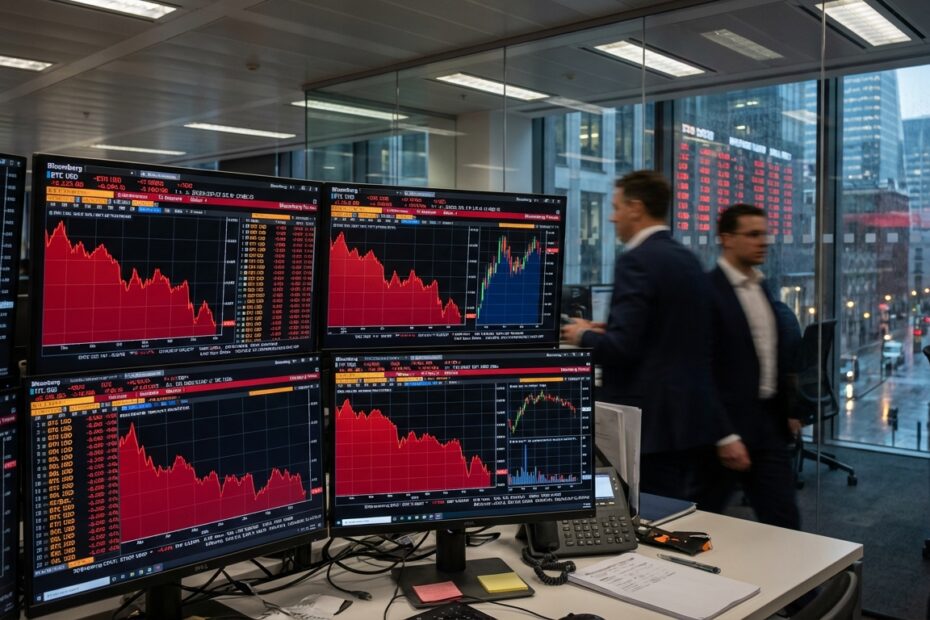 Gráficos financeiros em vermelho indicando queda no mercado de criptomoedas em ambiente corporativo