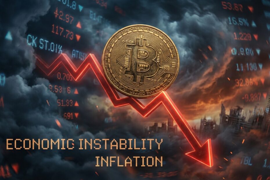 Gráfico financeiro em queda com moeda Bitcoin representando volatilidade e instabilidade econômica em 2026