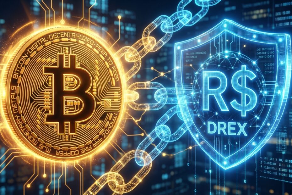 Ilustração 3D comparando o Bitcoin e o Drex em um ambiente de blockchain conectado.