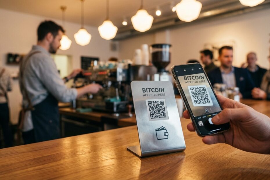 Cliente realizando pagamento com Bitcoin via smartphone em uma cafeteria