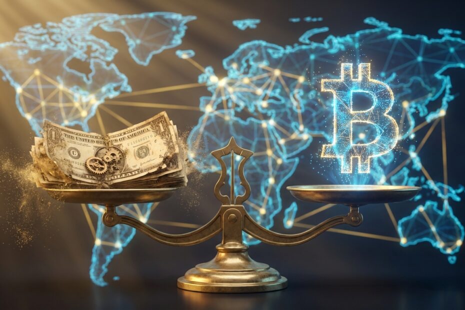 Ilustração 3D mostrando o Bitcoin pesando mais que o dinheiro de papel em uma balança digital futurista.