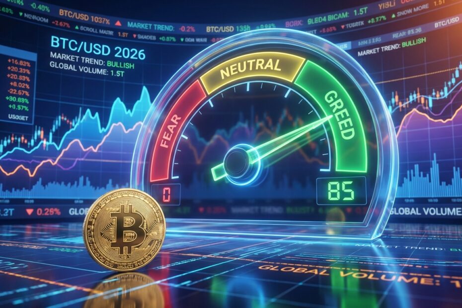 Velocímetro do índice Fear and Greed apontando para ganância com gráficos financeiros e Bitcoin