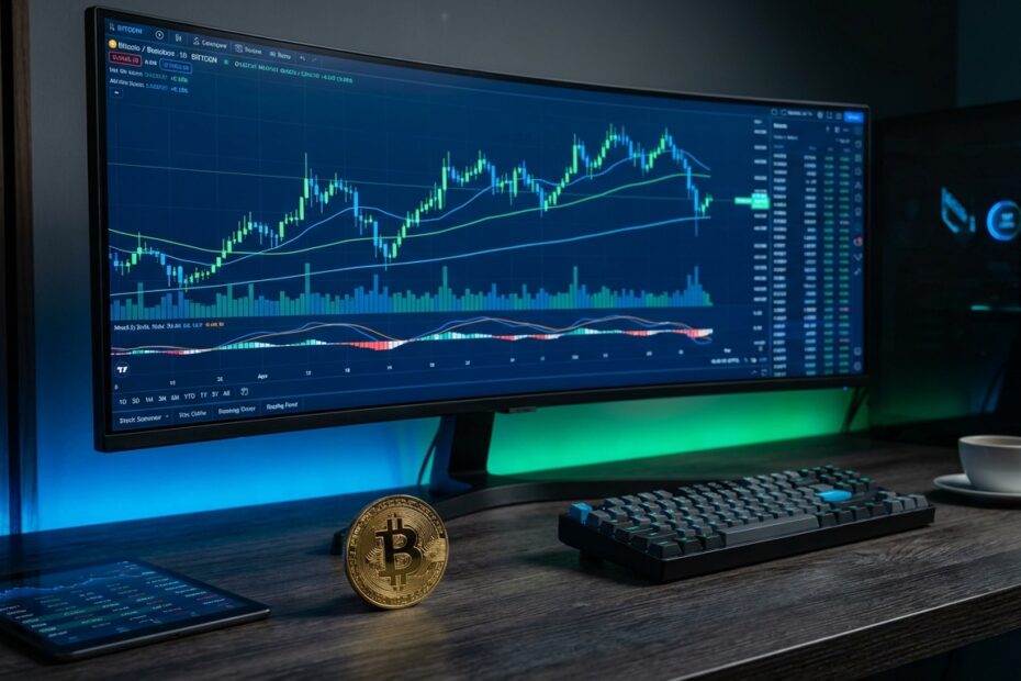 Gráficos de análise técnica em monitor com moeda Bitcoin física em primeiro plano