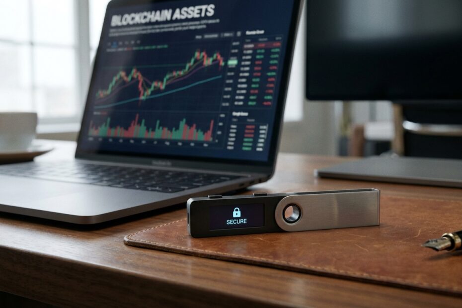 Carteira de hardware para criptomoedas sobre mesa de escritório representando segurança digital