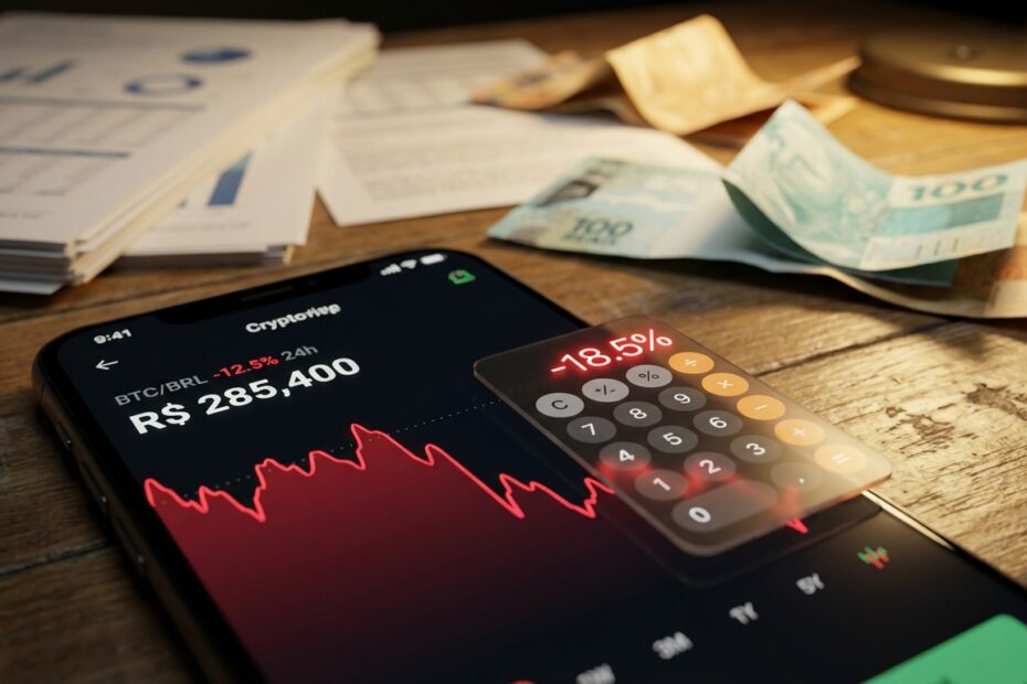 Smartphone exibe gráfico de criptomoedas com calculadora sobreposta, representando a tributação de IOF proposta pelo governo.