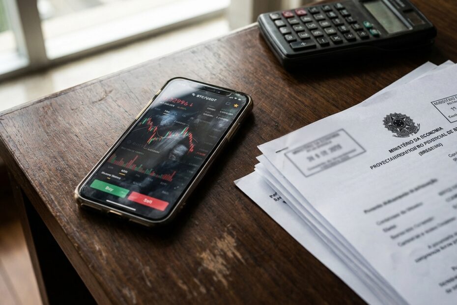 Smartphone com gráfico de criptomoedas sobre mesa de escritório com documentos