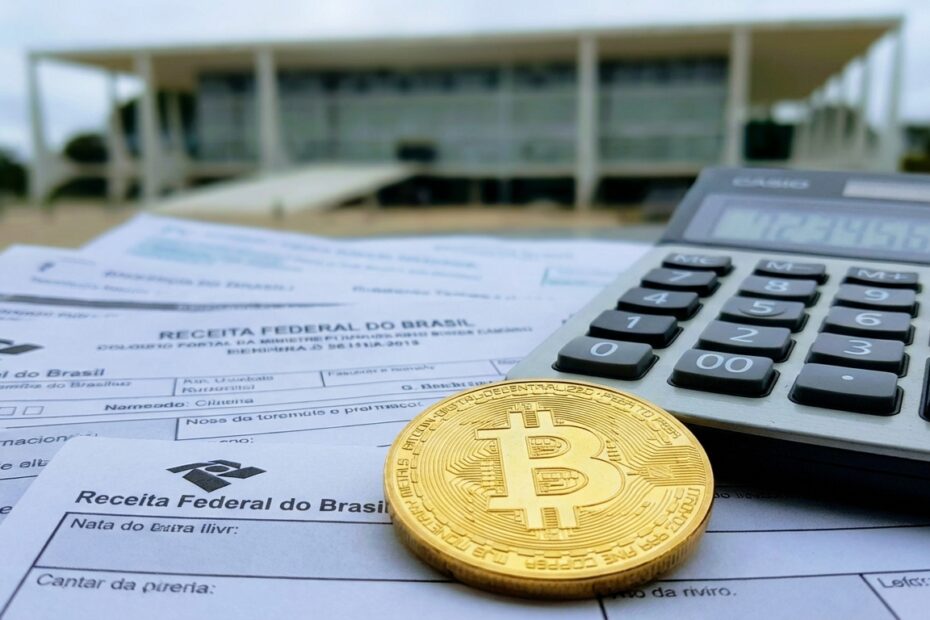 Moeda física de Bitcoin sobre documentos fiscais com fundo desfocado remetendo a Brasília