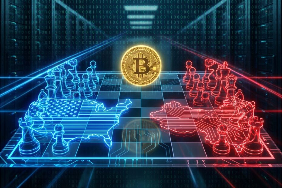 Ilustração conceitual de um tabuleiro de xadrez digital representando a disputa tecnológica entre EUA e China com um Bitcoin no centro