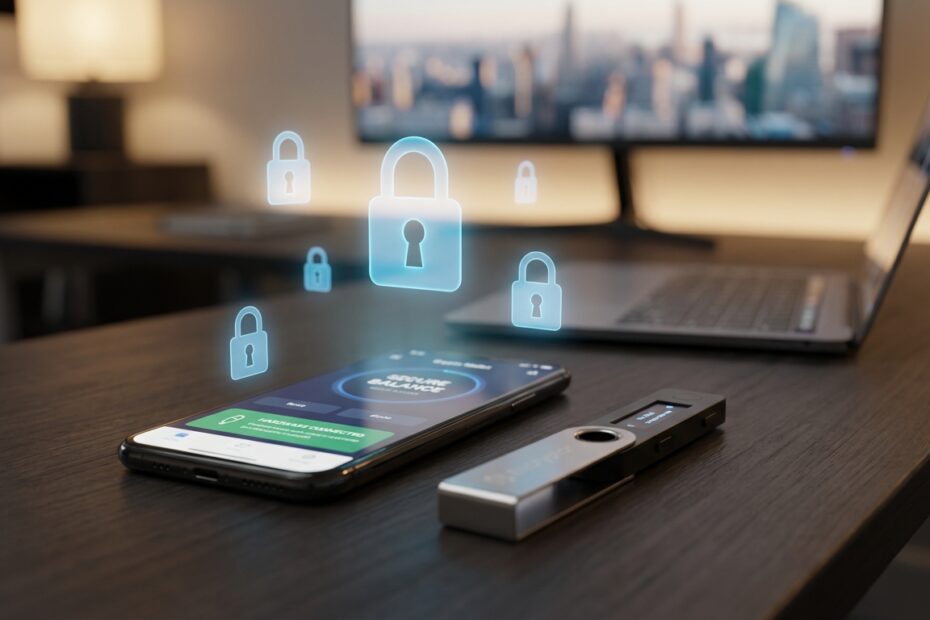 Smartphone com aplicativo de carteira digital e dispositivo de hardware wallet sobre mesa