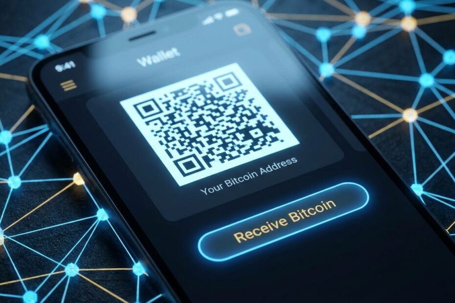 Smartphone exibindo código QR e endereço público para receber Bitcoins em uma carteira digital segura