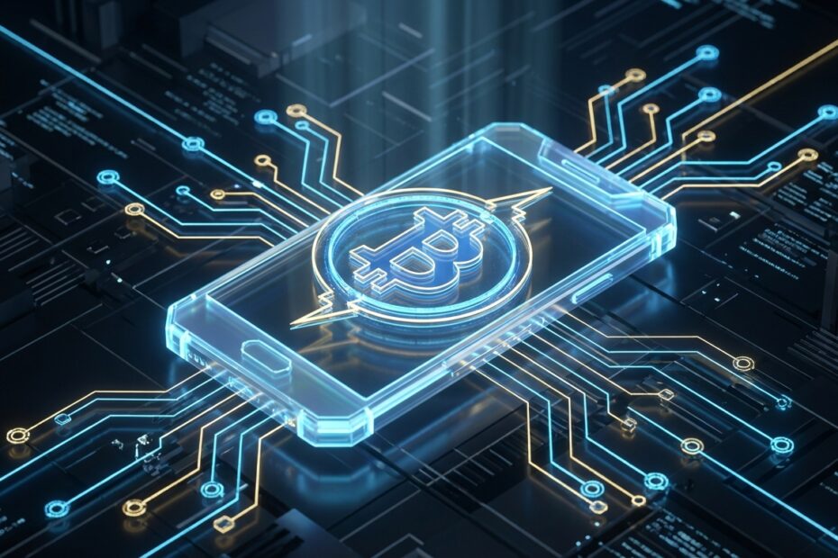 Smartphone exibindo interface de carteira digital conectada à rede Lightning Network do Bitcoin.