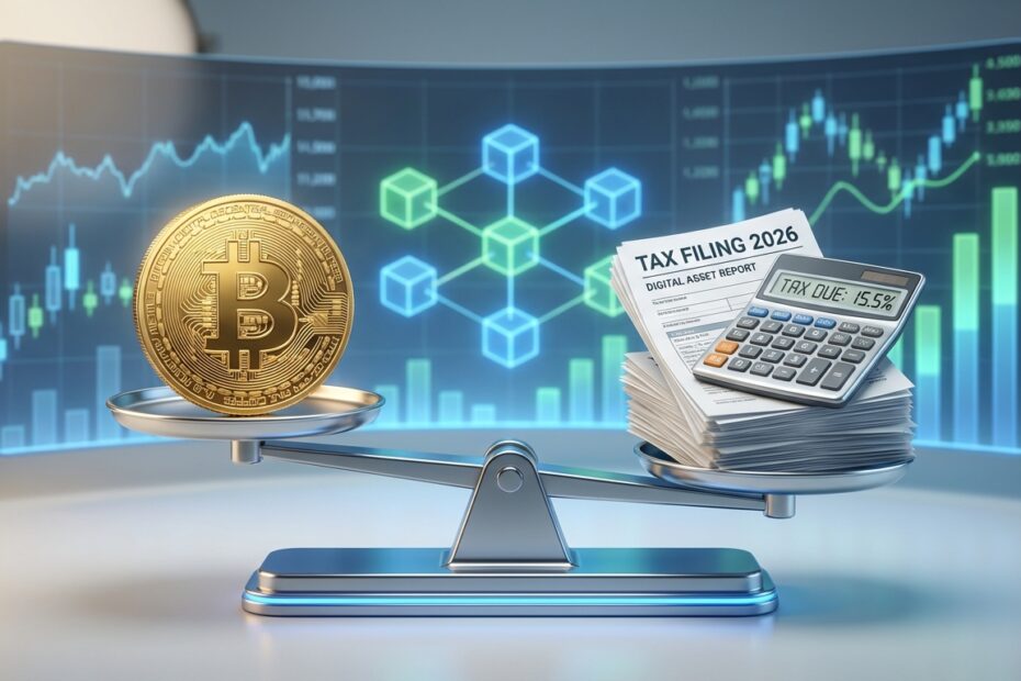 Balança com Bitcoin e documentos fiscais representando declaração de impostos 2026