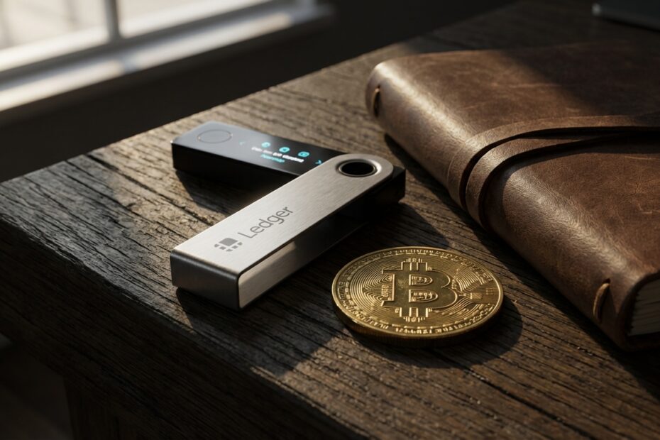 Dispositivo de hardware wallet para autocustódia de Bitcoin sobre mesa de madeira com moeda física