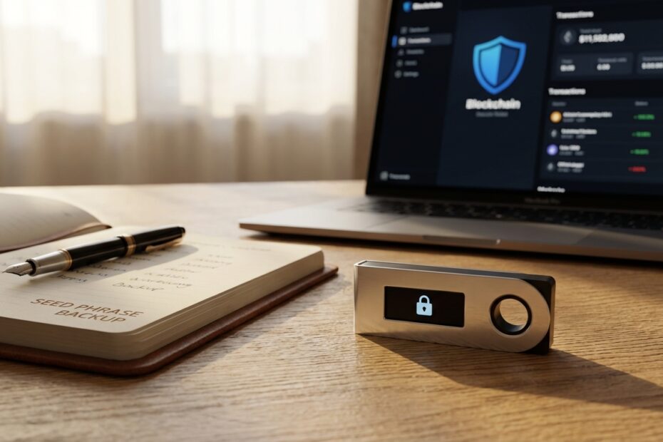 Carteira de hardware para bitcoin sobre mesa de escritório com caderno de backup