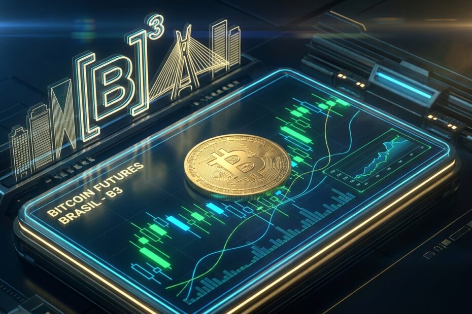 Ilustração 3D de uma moeda Bitcoin sobre gráficos financeiros digitais representando o mercado futuro na B3.