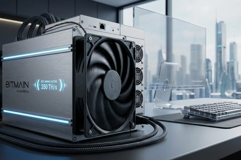 Equipamento moderno de mineração ASIC de Bitcoin operando em ambiente doméstico.