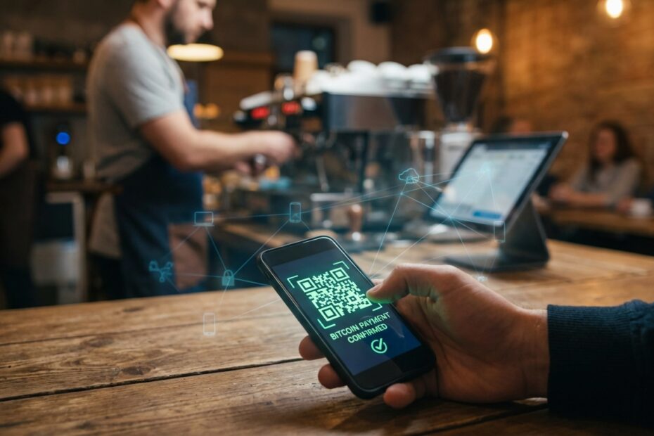 Smartphone realizando pagamento de conta cotidiana via QR Code com bitcoin