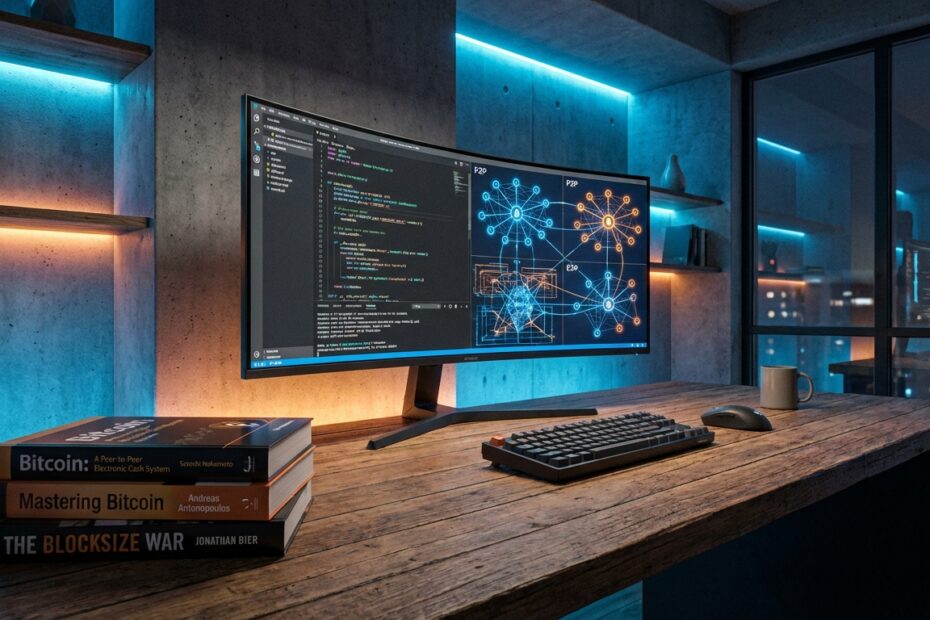 Ambiente de programação com livros técnicos sobre Bitcoin e código Python na tela