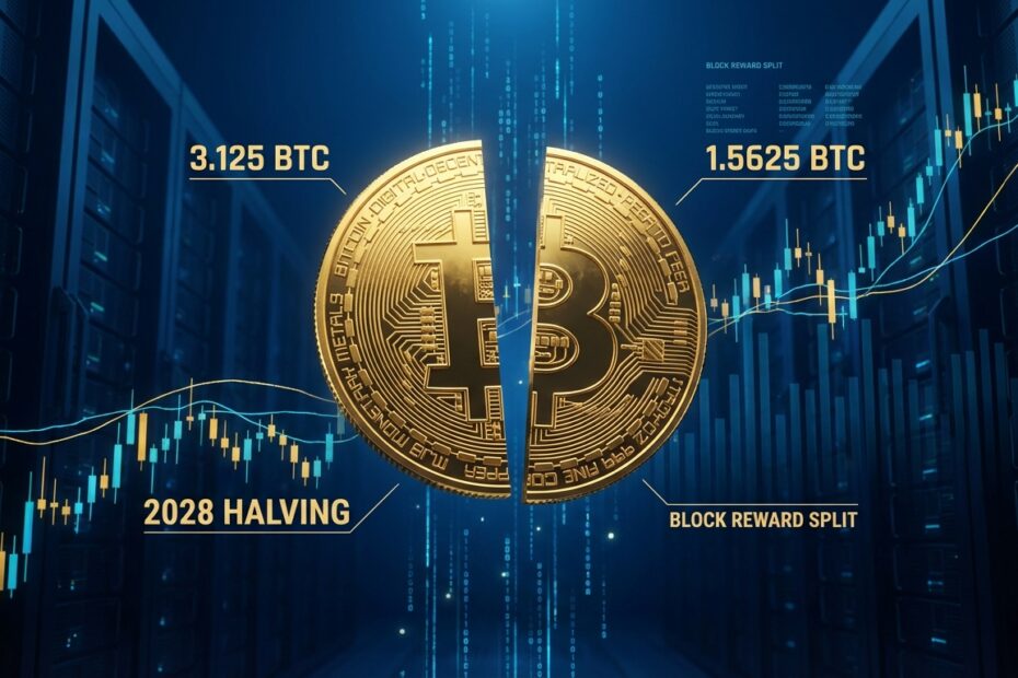Ilustração 3D representando o halving do Bitcoin em 2028 e a redução da oferta
