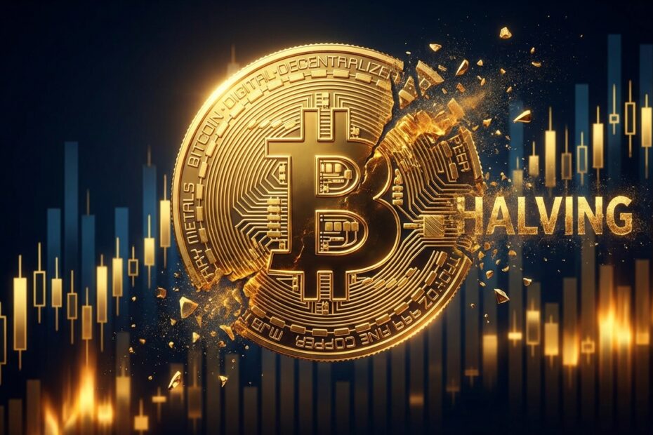 Ilustração simbólica do halving do Bitcoin e gráficos de valorização