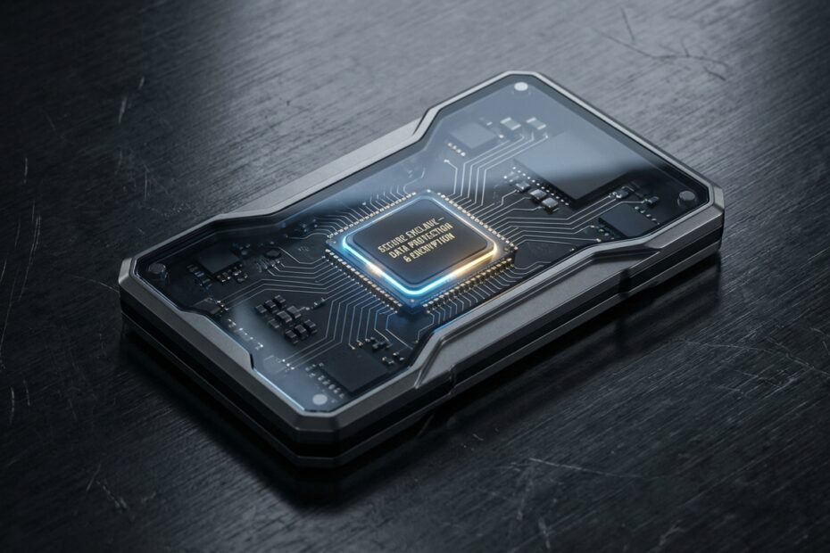 Hard wallet bitcoin exibindo segurança física sobre superfície metálica